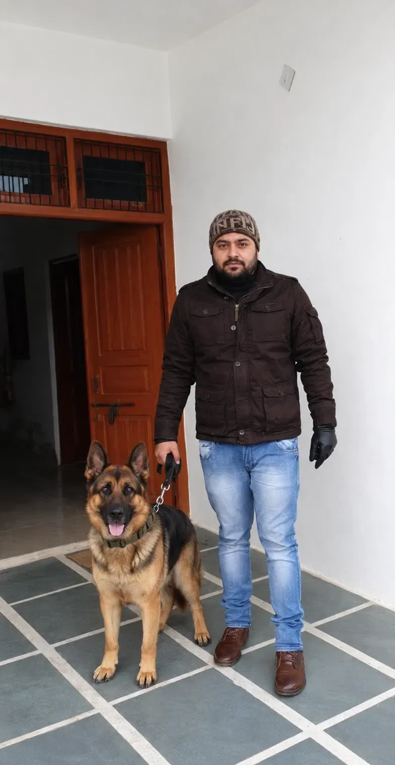 Sanchit Middha standing with his German Shepherd